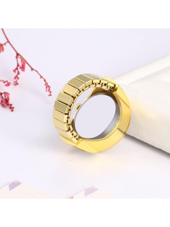 Women Gold Grey Quartz Stretchy Band Elastic Round Simple Dial Finger Ring Watch main image 3